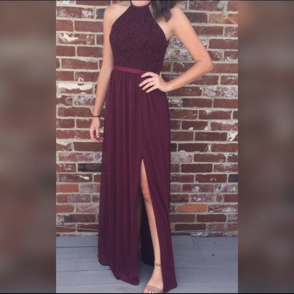 David’s Bridal Wine Open-Back Lace and Mesh Dress